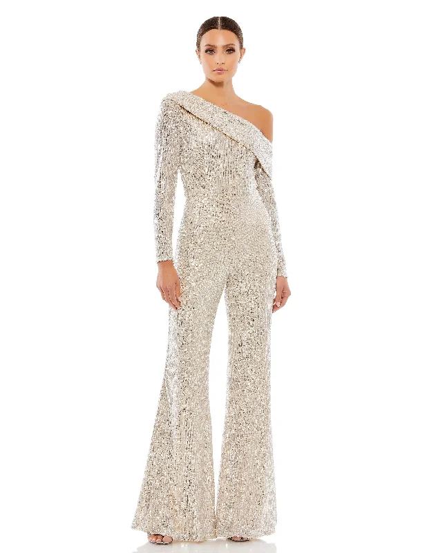 Women's Jumpsuits with Sweetheart CollarMac Duggal A26596 Sequins Long Sleeve Formal Prom Jumpsuit