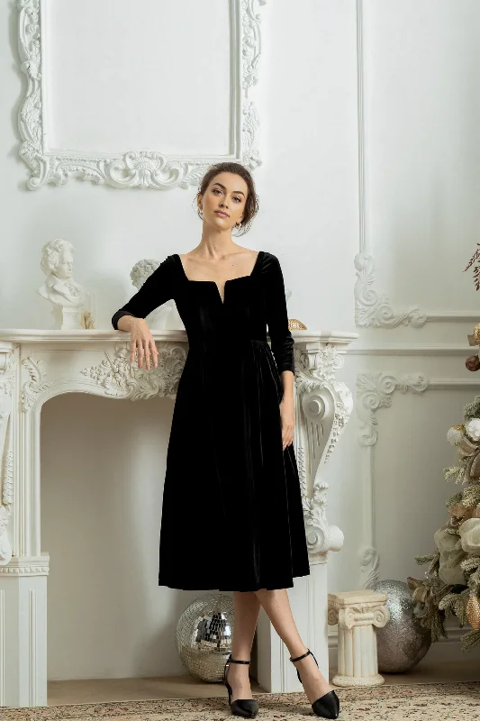 Women's Minimalist SkirtsWedding Guest Velvet Winter Vintage Dress Formal Cocktail Dress Long Sleeve Full Skirt Dress