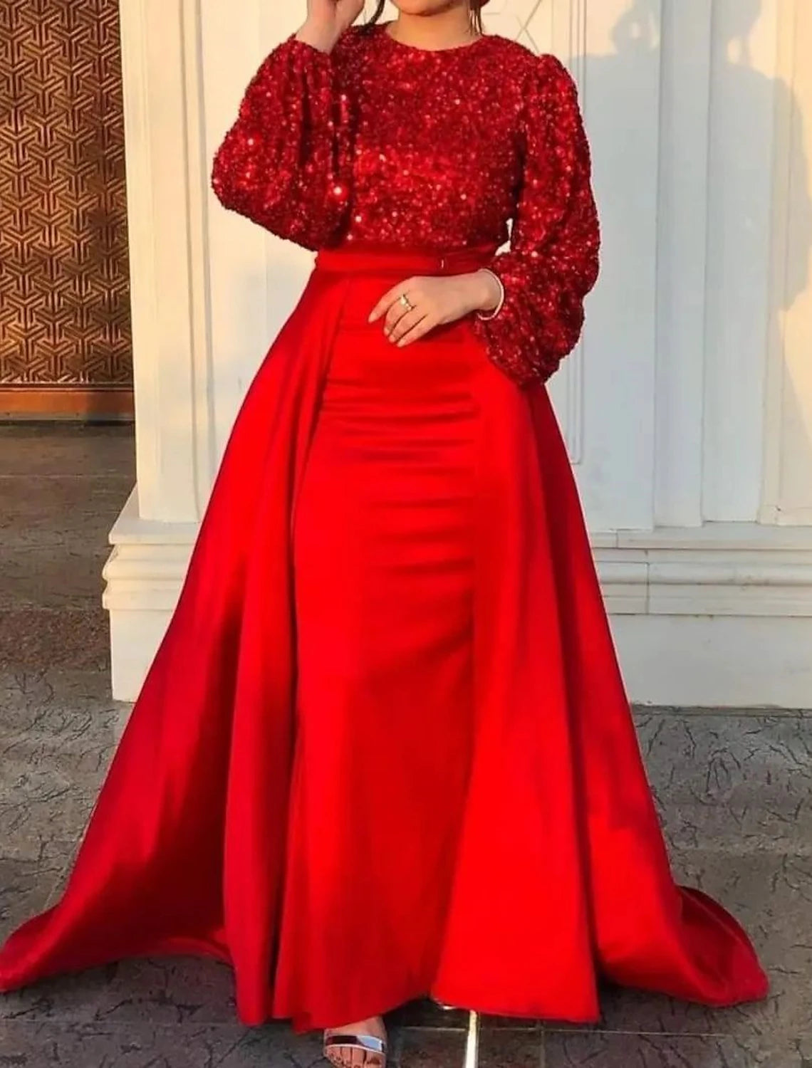 Women's Shawl Collar SkirtsMermaid / Trumpet Evening Gown Glittering Dress Formal Wedding Floor Length Long Sleeve Jewel Neck Fall Wedding Guest Satin with Overskirt