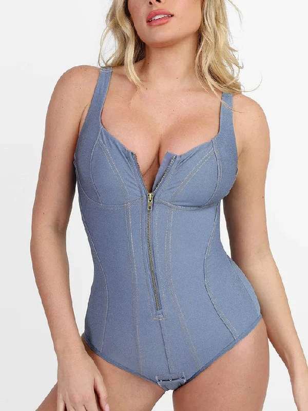 high-waisted shapewear with silicone strips for gripHigh Support Tummy Control Denim Shapewear Bodysuit