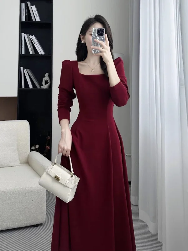 Women's Flared SkirtsRed Dress Women's 2023 Square Neck Mid-Long  Skirt    S3467