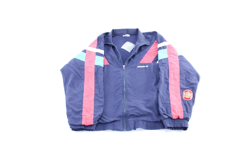 Women's Coats with Fur Trimmed Pockets80's Adidas Embroidered Logo Blue, Pink, & White Striped Jacket