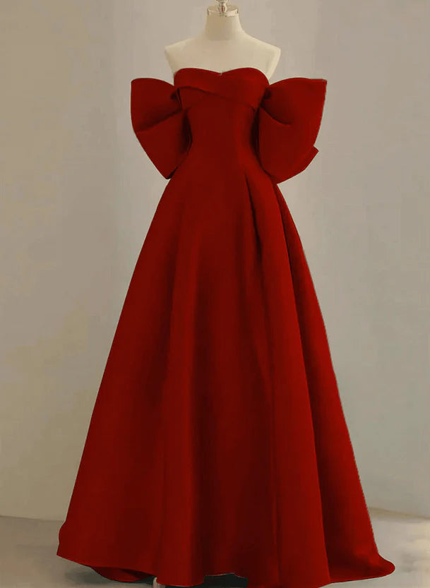 Women's Collarless DressesWine Red Satin Long Prom Dress Party Dress A-line Wine Red Evening Dress