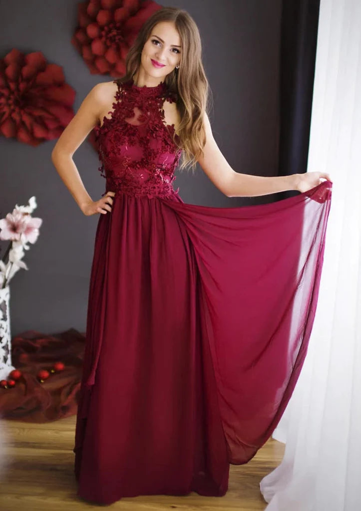 Women's Silk SkirtsChiffon A-Line Sleeveless High Neck Overskirt Wine Red Long Prom Dress, Lace