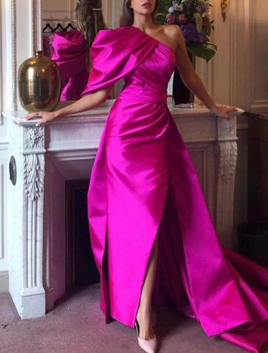 Women's U-Shaped-Neck DressesMermaid / Trumpet Evening Gown Hot Pink Dress Party Dress For Carnival Court Train Sleeveless One Shoulder Fall Wedding Reception Satin with Ruched Slit