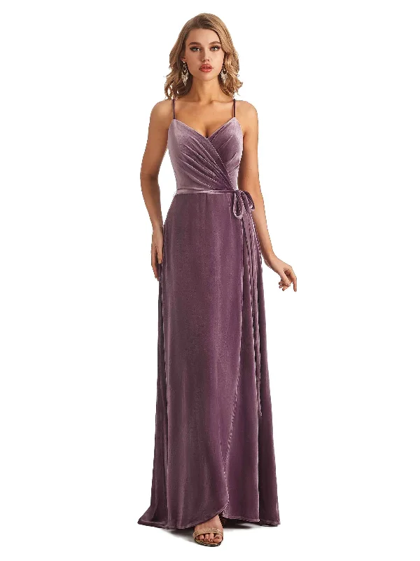 Women's Mandarin Collar DressesSpaghetti Straps A-line Velvet V-neck High Slit Maxi Long Bridesmaid Dresses Online