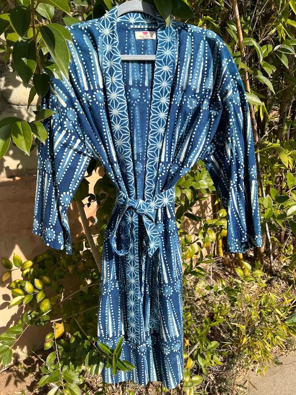 women's pajamas for a cozy night inCotton indigo plant dyed short kimono robe