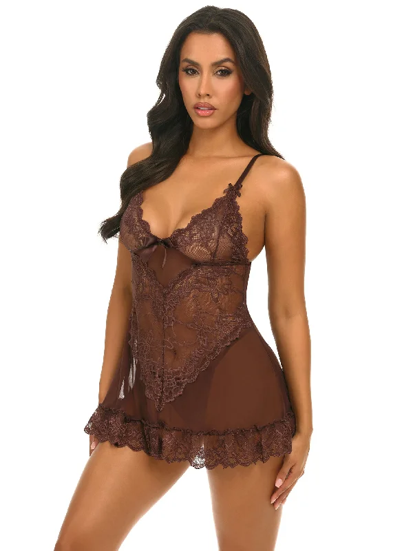 wireless lace bra with adjustable straps for versatilityValentine Soft Cup Lacey Babydoll With Bows And G-string Panty