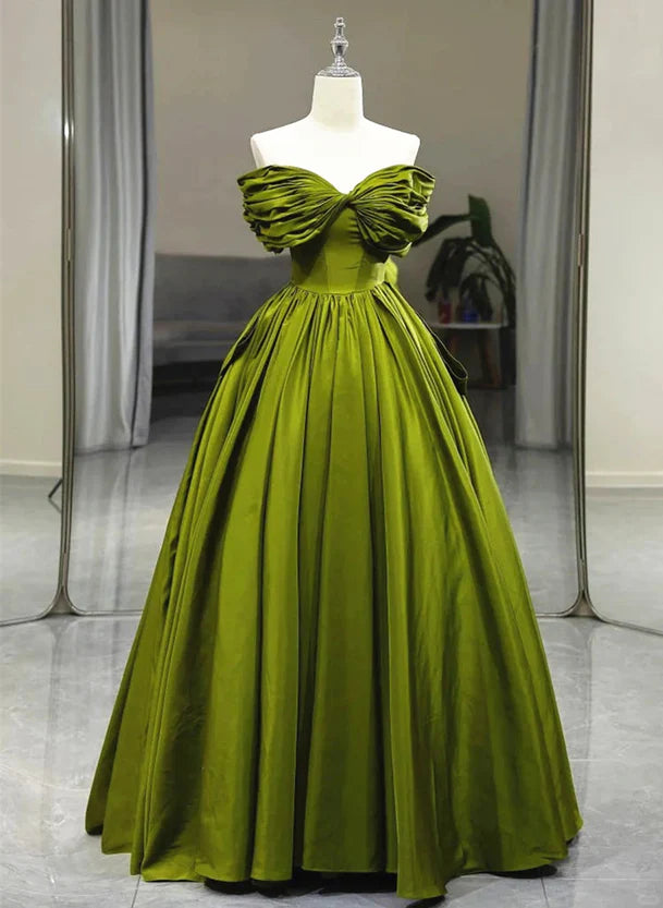 Women's One-Shoulder DressesGreen A-line Off Shoulder Satin Long Party Dress Green Satin Formal Dress Prom Dress