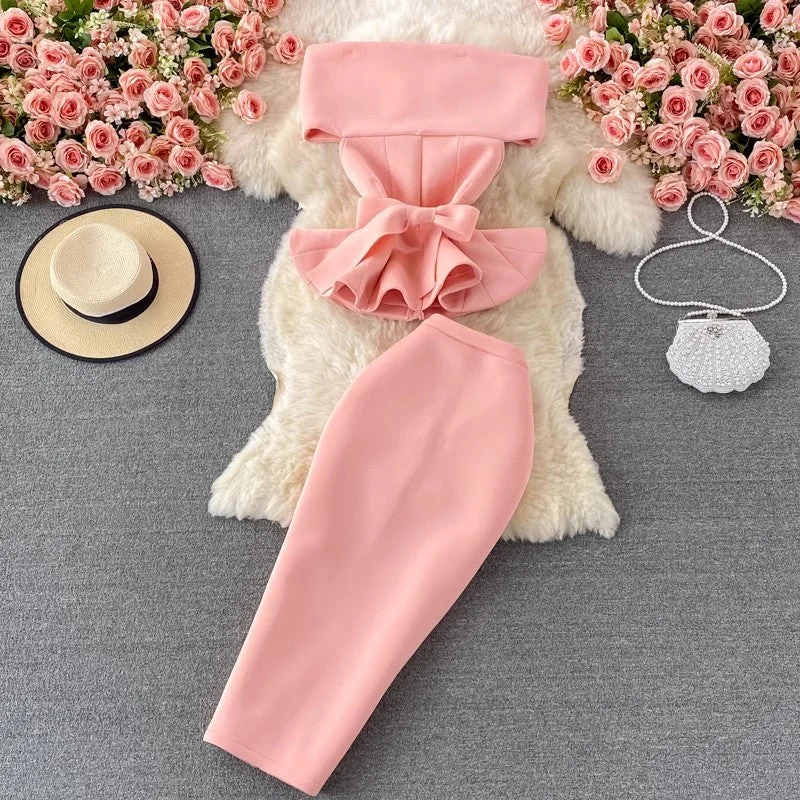 Women's Knit Skirtsoff-shoulder ruffled cropped top two-piece suit mid-length skirt     S3919