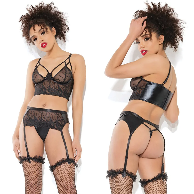 lace appliqué braCoquette Longline Bra Garter Belt & G-String Set-Black X-Large-Hanging