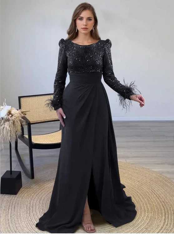 Women's Flared SkirtsA-Line Evening Gown Floor Length Long Sleeve Illusion Neck Black Mother Of the Bride Dress Sequined with Feather Pearls Overskirt