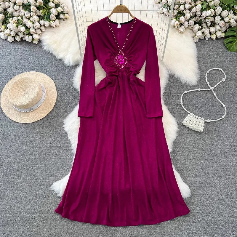 Women's Winter Skirtslong-sleeved diamond-studded V-neck A-line dress elegant long skirt    S4089