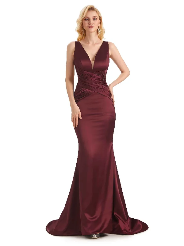 Women's Gathered DressesSexy Backless Soft Satin V-Neck Floor Length Maxi Mermaid Bridesmaid Dresses Online