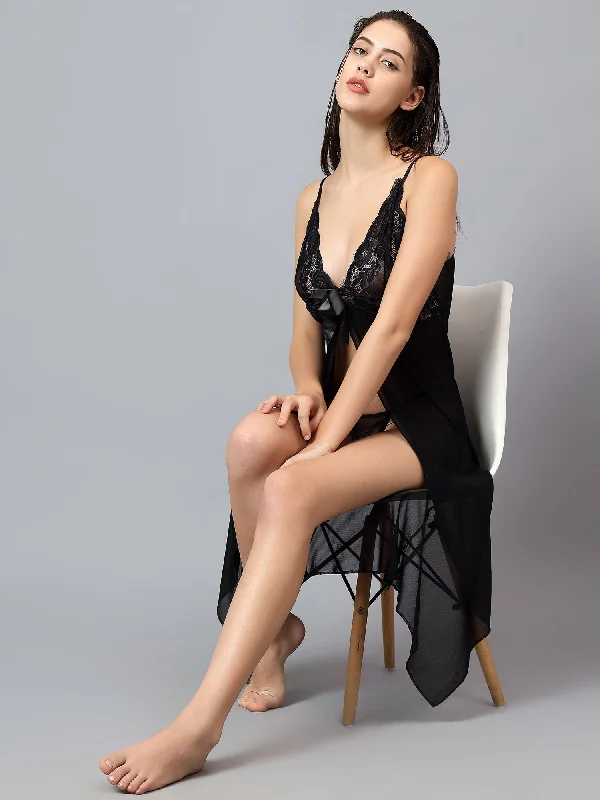 women's pajamas with a whimsical charmVelvi Figure Net Sexy Black Babydoll Lingerie