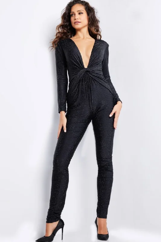 Women's Jumpsuits with Peter Pan CollarJovani 24537 Beaded Long Sequin V Neckline Formal Jumpsuit