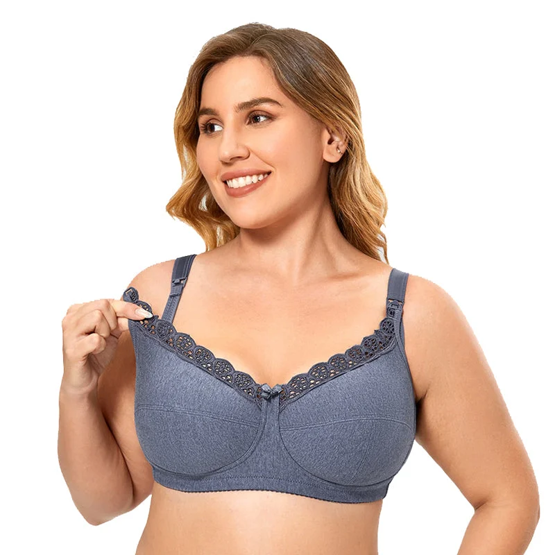 front-closure bra for easy dressingFull cup wireless nursing bra, blue and lantana (size 34-46, B-H)