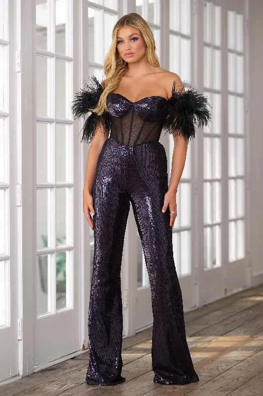 Women's Jumpsuits with Shawl CollarAva Presley 39577 Long Glitter Formal Prom Jumpsuit