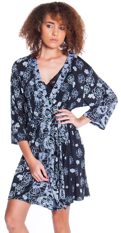 women's pajamas made from organic cottonWomen's Border Print Knitted Short Kimono Wrap Robe #3085/X/XX