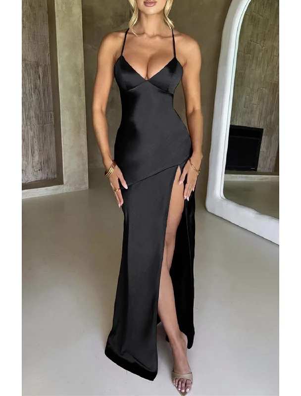 Women's Narrow Collar DressesA-Line Mermaid Black Dress Party Dresses High Split Dress Formal Floor Length Sleeveless Spaghetti Strap Polyester Backless with Slit