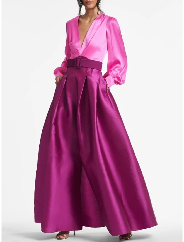 Women's Strapless DressesElegant A-Line Evening Gown Party Dress Formal Wedding Guest Floor Length Long Sleeve V Neck Belt / Sash Satin with Pleats