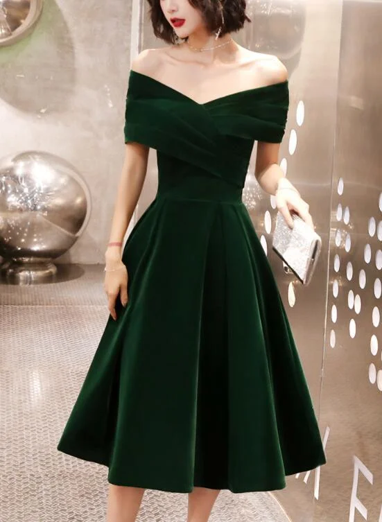 Women's Keyhole Collar DressesGreen Velvet Off Shoulder Vintage Style Bridesmaid Dress Tea Length Party Dress Homecoming Dress