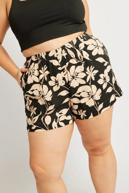 Women's Striped ShortsBlack Floral Elastic Waist Linen Blend Shorts