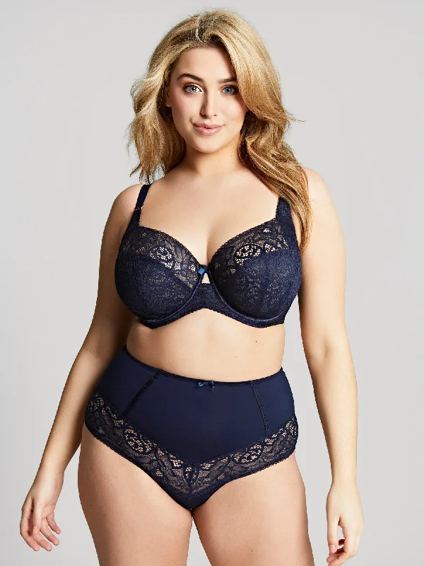 stretch lace panties with a sheer overlay for a seductive appealEstel High Waist Brief - Navy