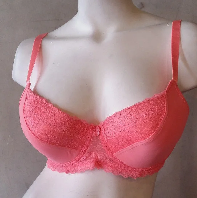 wireless bra with front closure for comfortPlus-Size Sexy Fashion Full Coverage Lacey Padded Bra - Bright Coral