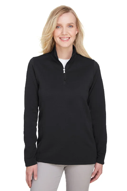 Women's Hooded Sweatshirts with Herringbone LiningUltraClub Womens Coastal Performance Moisture Wicking Fleece 1/4 Zip Sweatshirt - Black - Closeout