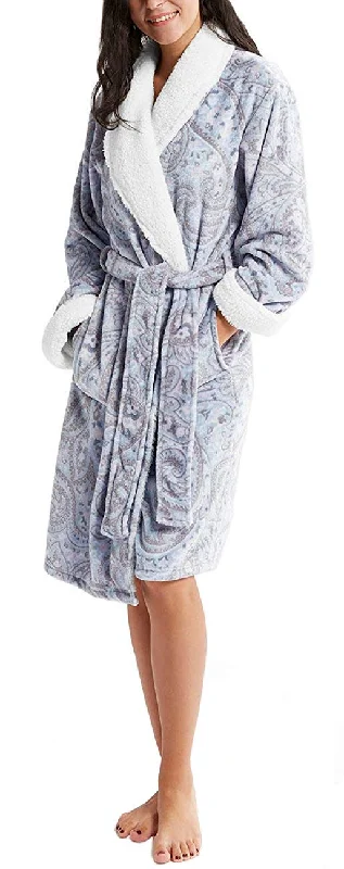 women's pajamas featuring floral embroideryPlush Robes for Women - Plaid Fleece Ladies Robe Bathrobe, Sherpa Collar & Cuff Trim, Bedouin Gray S/M