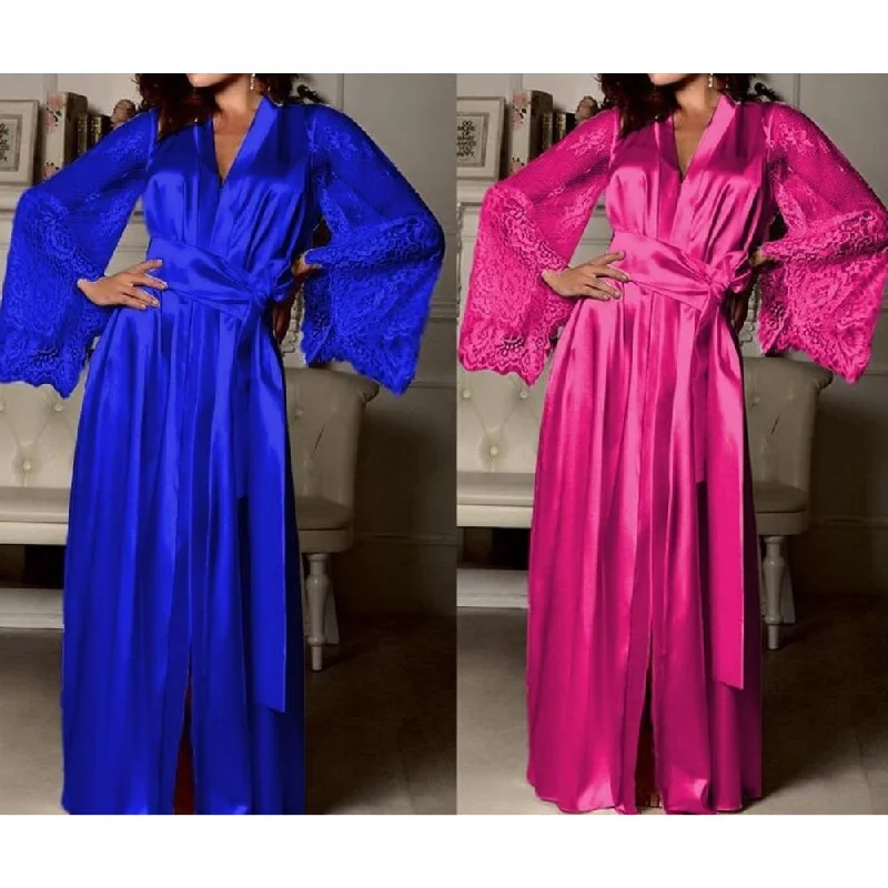 women's pajamas with a timeless appealQueen Esther - Blue and Pink Elegant Silk and Fine Lace Robe Night Gown