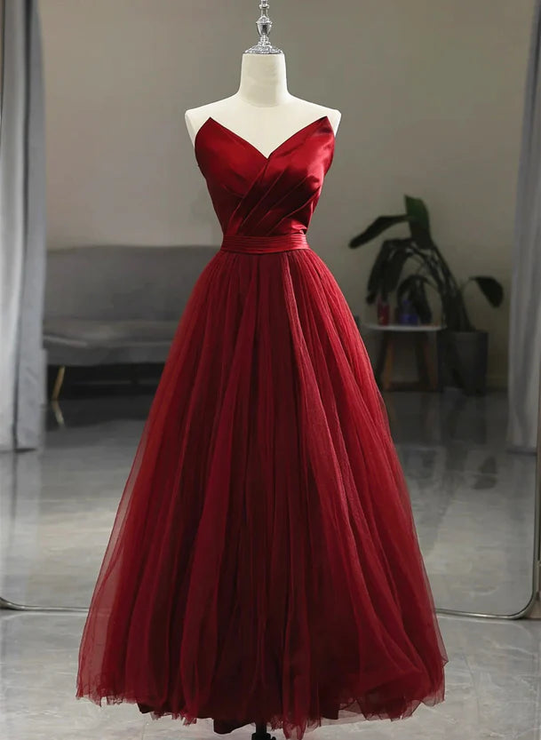 Women's Shawl Collar DressesWine Red Tea Length Tulle V-neckline Prom Dress Wine Red Tulle Party Dress