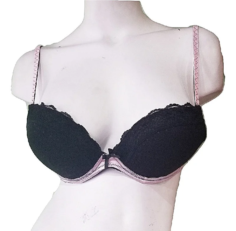 lace appliqué braBlack Mesh Pink Satin Push-Up Bra