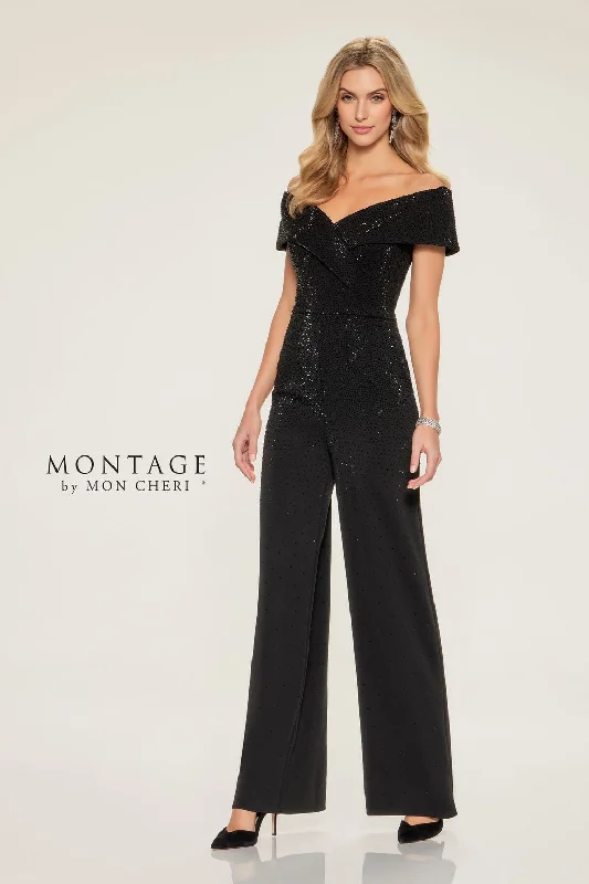 Women's Jumpsuits with High CollarMontage M850 Long Wide Leg Evening Formal Jumpsuit