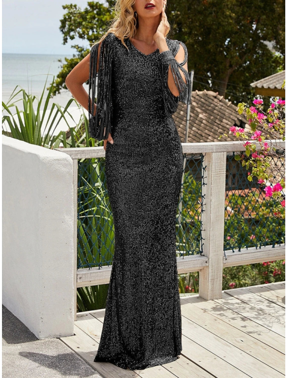 Women's U-Shaped Collar DressesSheath / Column Evening Gown Sparkle & Shine Dress Wedding Guest Party Wear Sweep / Brush Train Long Sleeve V Neck Sequined with Glitter Pleats