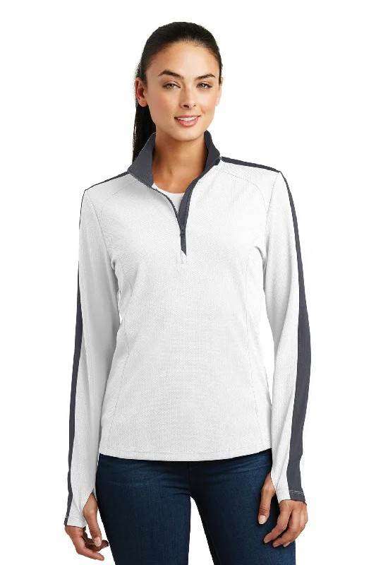 Women's Hooded Sweatshirts with Geometric LiningSport-Tek Womens Sport-Wick Moisture Wicking 1/4 Zip Sweatshirt - White/Iron Grey - Closeout