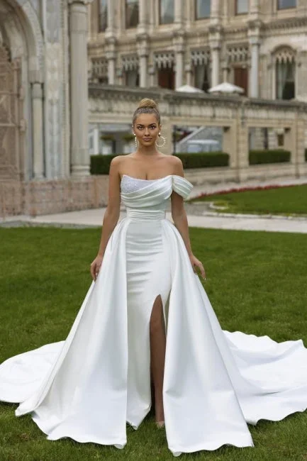 Women's Cool SkirtsOff-the-Shoulder Mermaid Beads Wedding Dress Front Slit With Overskirt