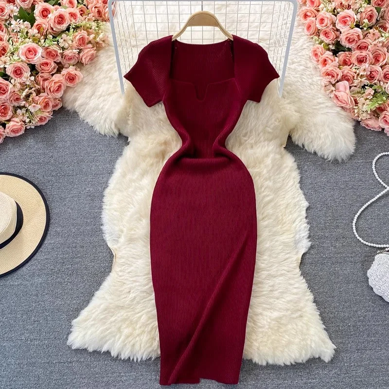 Women's Rounded Hem SkirtsTight square-neck knitted dress short-sleeved new style sexy long skirt       S4027