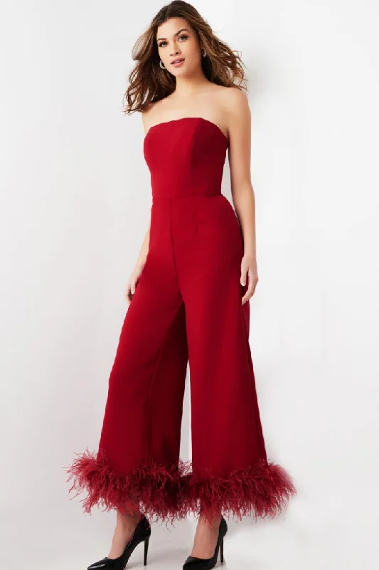 Women's Jumpsuits with CollarJovani 22590 Long Evening Feather Formal Jumpsuit