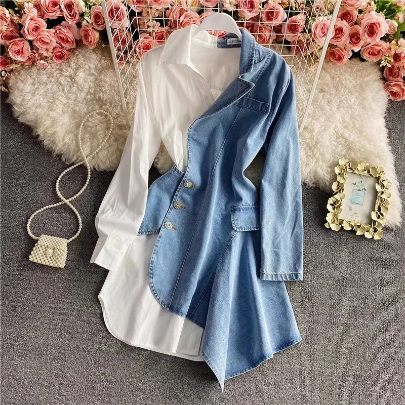 Women's Flared SkirtsNew Fashion Irregular Denim Long Sleeve Shirt Dress Polo Skirt     S4065