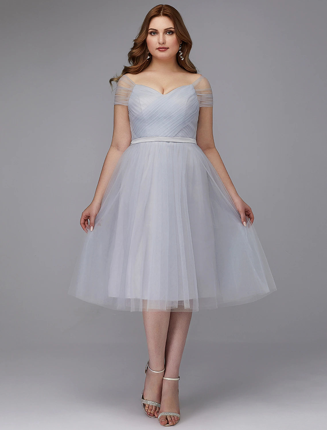 Women's Shirt Collar DressesA-Line Elegant Dress Wedding Guest Cocktail Party Tea Length Short Sleeve Off Shoulder Tulle with Sash / Ribbon Cross Evening Dresses