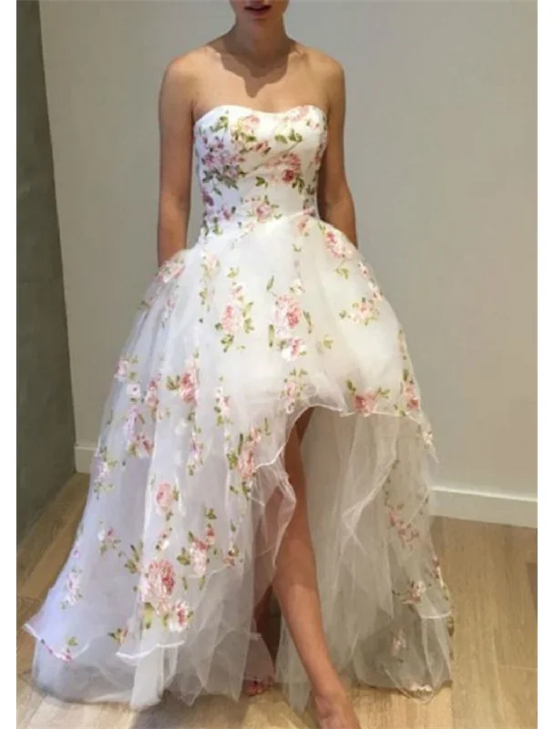 Women's Fit and Flare DressesBall Gown Prom Dresses Floral Dress Quinceanera Wedding Party Asymmetrical Sleeveless Strapless Tulle with Ruffles Appliques