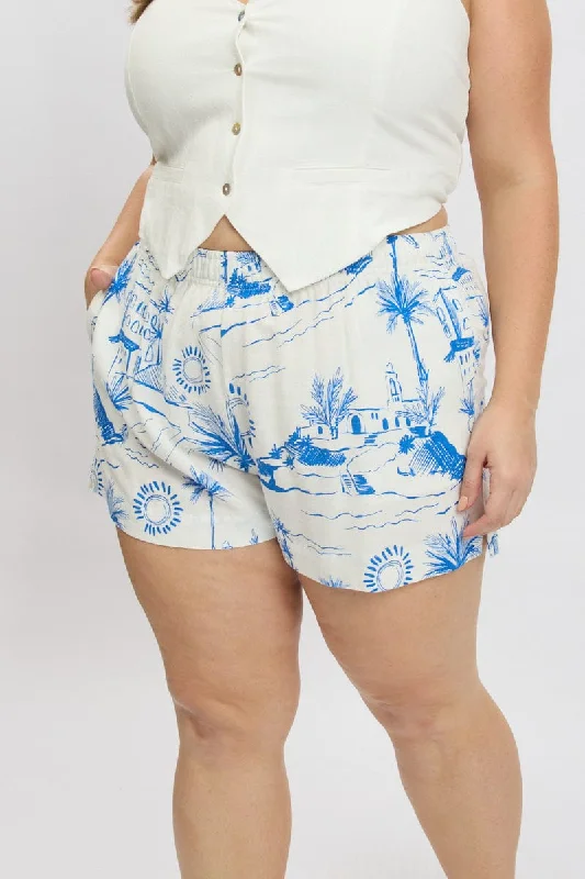 Women's Formal ShortsBlue Abstract Elastic Waist Linen Blend Shorts