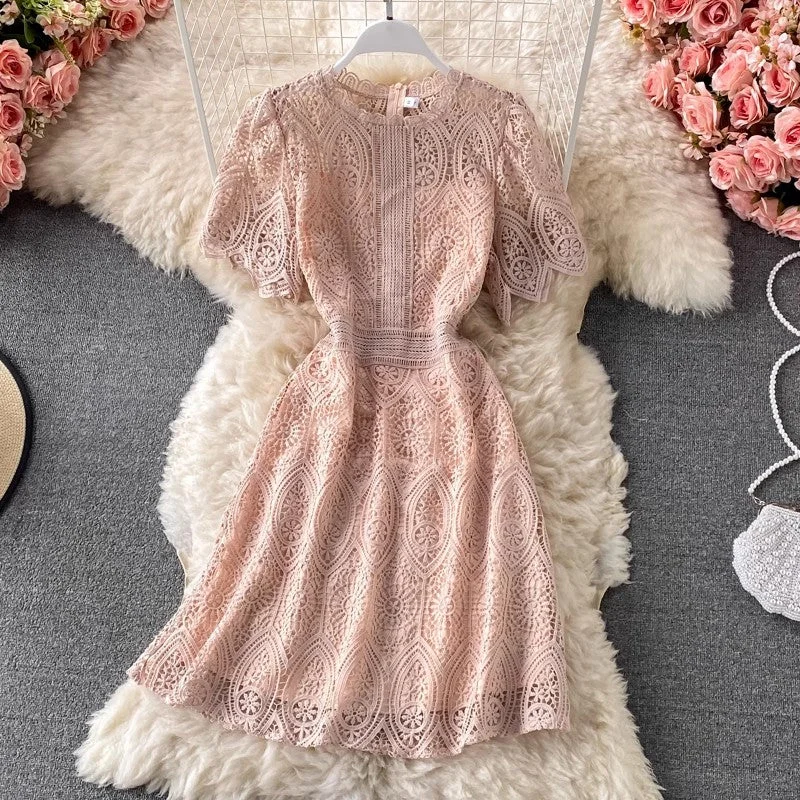 Women's Midi Skirtsnew women's fashion dress round neck short-sleeved lace skirt    S3893