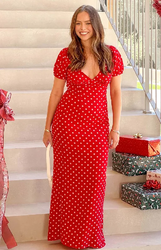 Women's Square-Back DressesLovella Red Polka Dot Maxi Dress