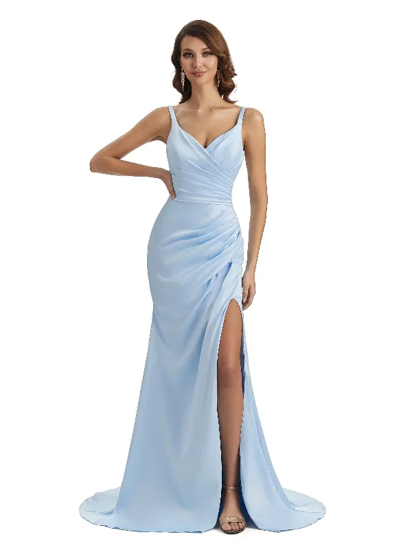 Women's Pencil DressesSexy Side Slit Mermaid Silky Satin Chic Long Maxi Unique Maid of Honor Dresses