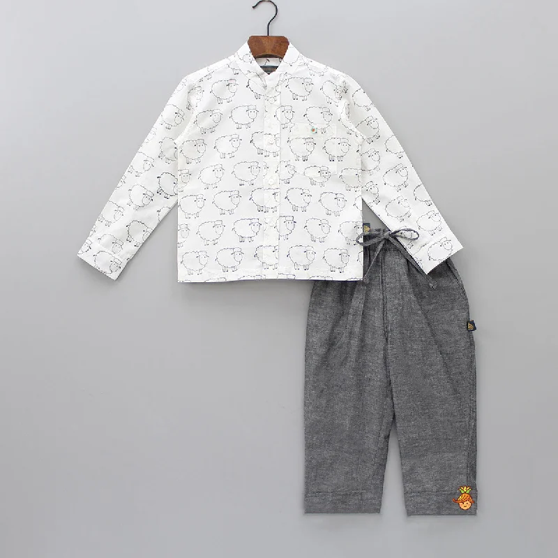 Women's Jodhpurs with Rounded CollarSheep Hand Block Printed Shirt And Grey Pant