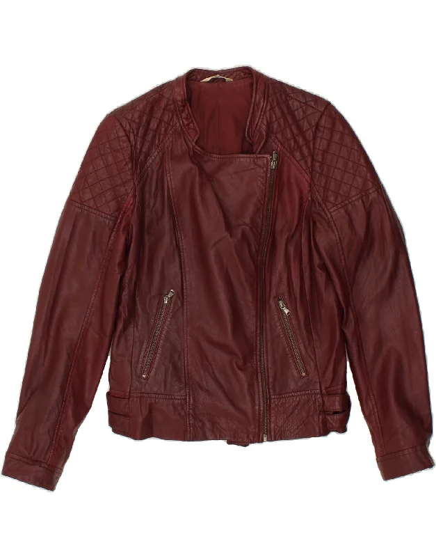 Women's Coats with Fur Trimmed CollarPROMOD Womens Biker Leather Jacket UK 16 Large Burgundy