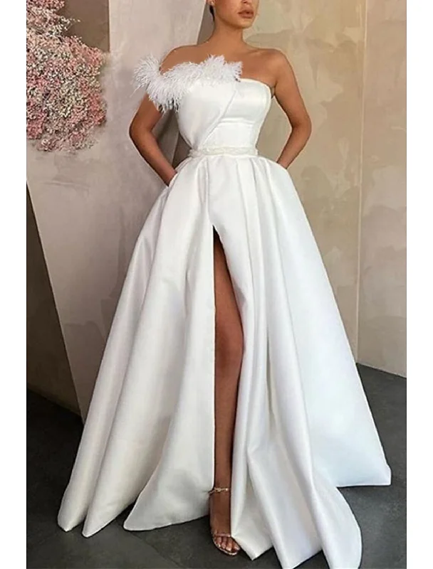 Women's Peter Pan Collar DressesSheath / Column Evening Gown Party Dress Wedding Guest Black Tie Gala Floor Length Sleeveless Strapless Satin with Feather Slit